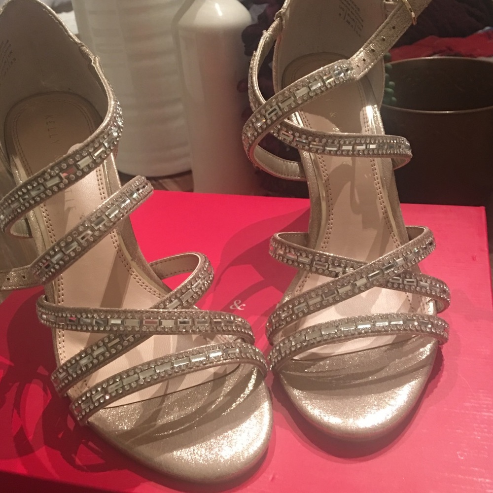 Muted gold & rhinestone strapping heels